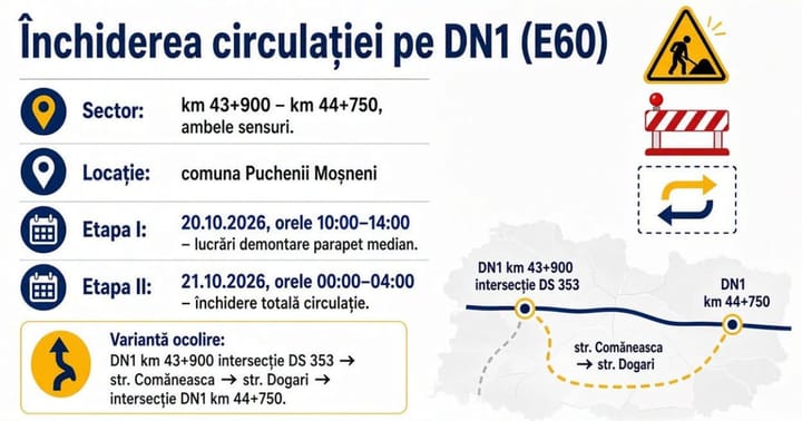 Restricții de circulație pe DN1 în județul Prahova