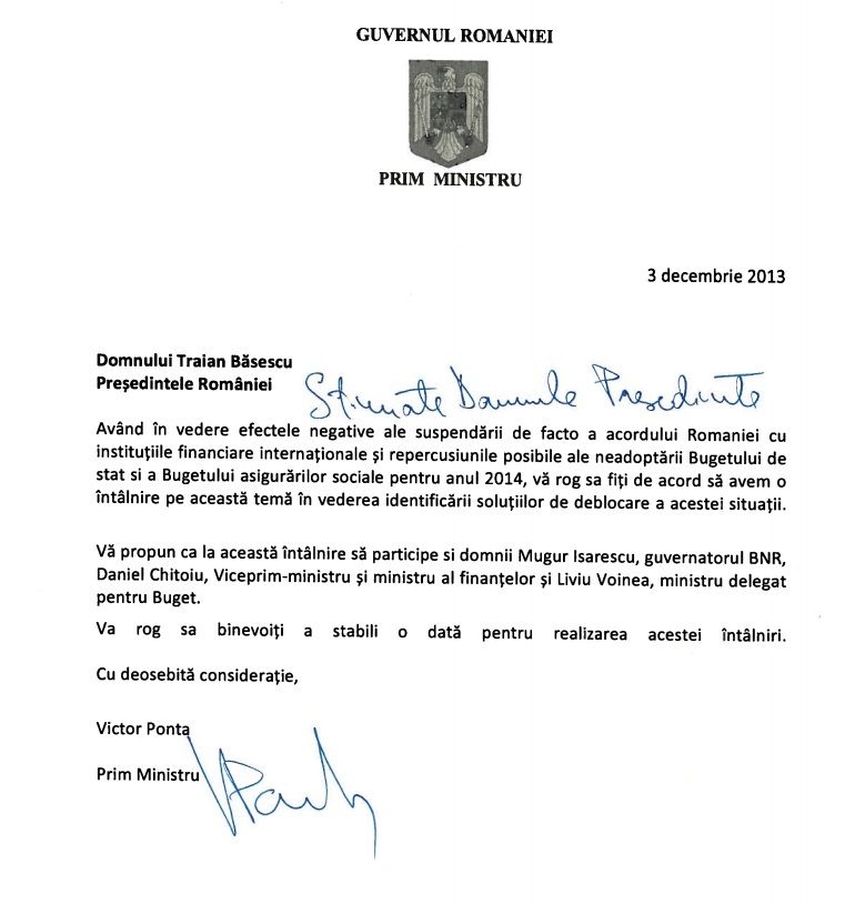 Scrisoarea lui Ponta catre Basescu