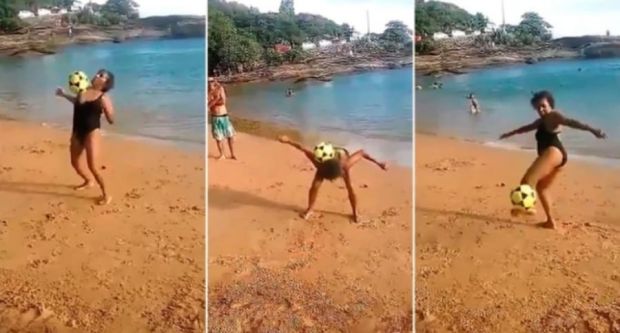 bunica ronaldinho, video viral, plaja brazilia, jonglerii minge